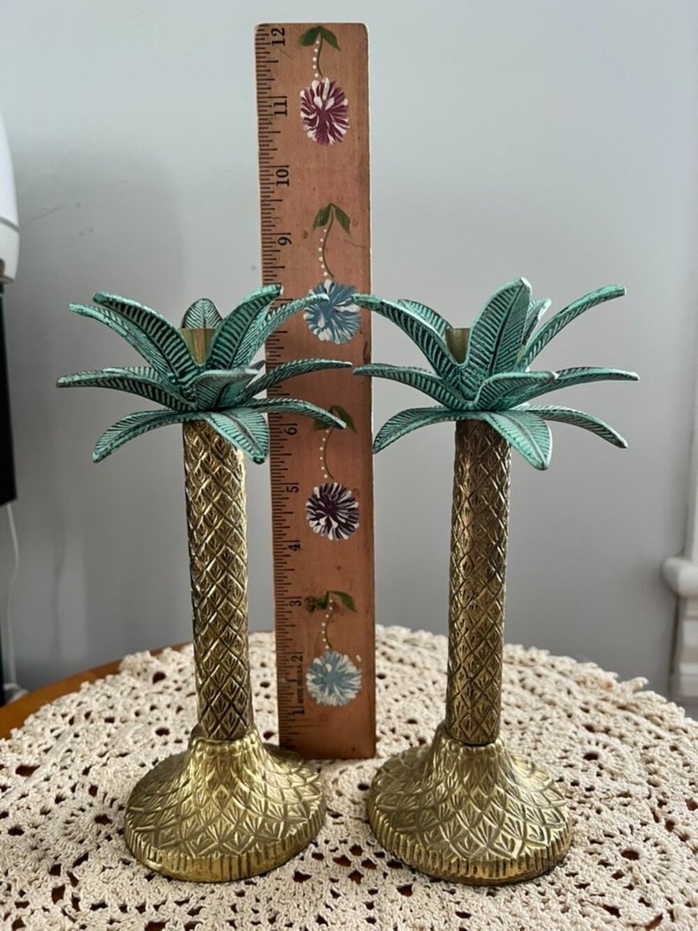 Vintage Palm Tree Candlestick Holders Pair Brass Tone Tropical Coastal Decor